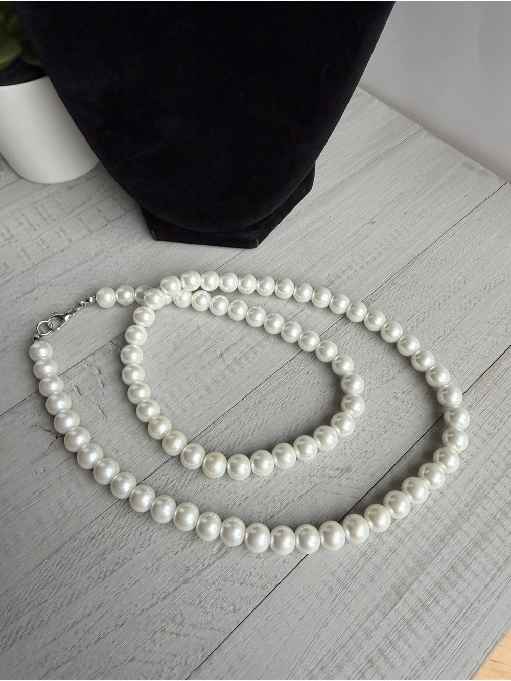 Beaded White Glass Pearl Necklace 24” – Handmade